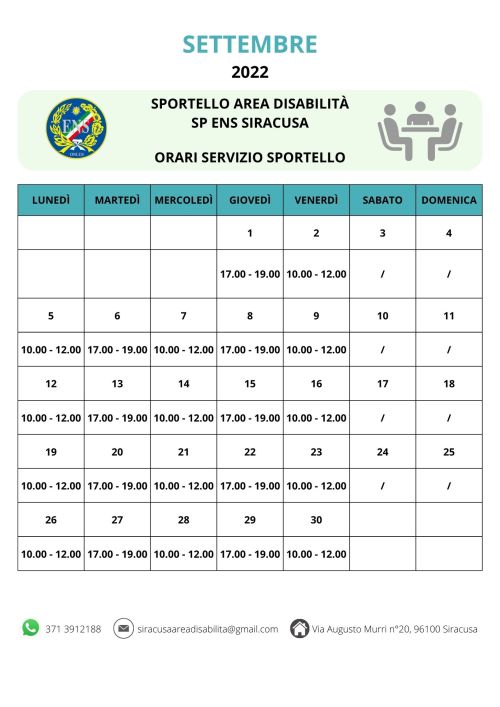 SETTEMBRE 2022 SPORTELLO AREA DISABILITA SP ENS SIRACUSA ORARI SERVIZIO SPORTELLO